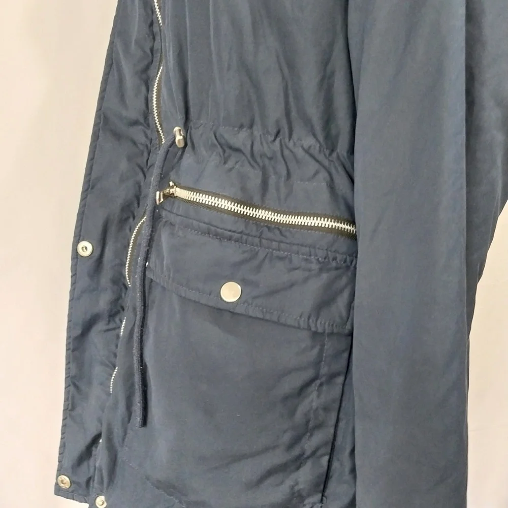 Tiffosi Navy Blue Hooded White Faux Fur Zip Up Button Down Long Sleeve Jacket M - Picture 9 of 15